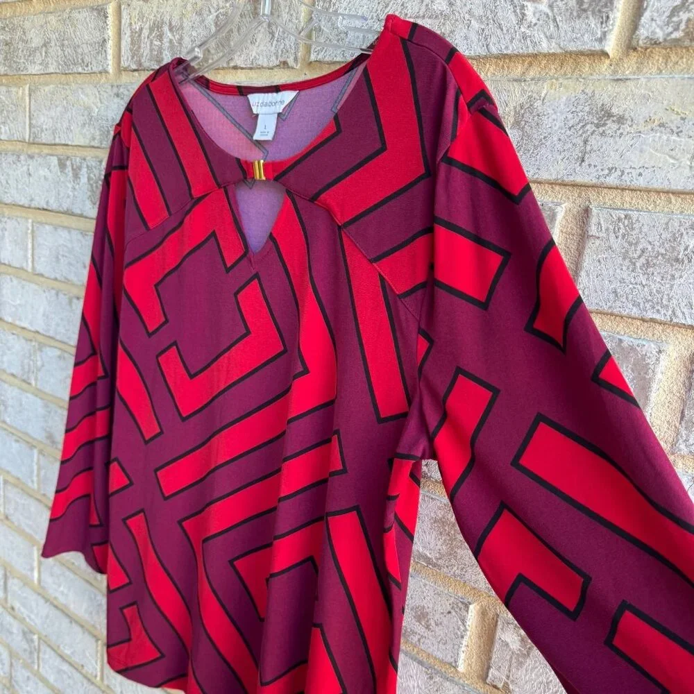 Liz Claiborne V-Neck 3/4 Sleeves Burgundy Tunic Blouse Women's Size L - Picture 6 of 7